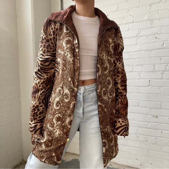 Vintage 90's St. John Bronze Pewter and Animal Print Reversible Puffer Jacket - Picture 6 of 7